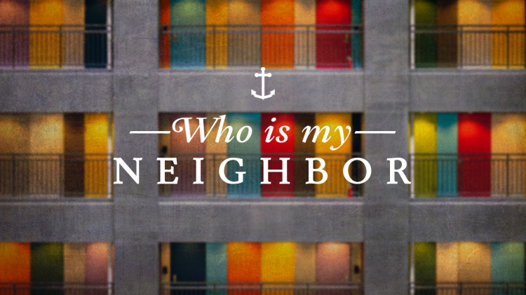 Series — Image of colorful doors in an apartment complex with text overlaid, "Who is my neighbor"